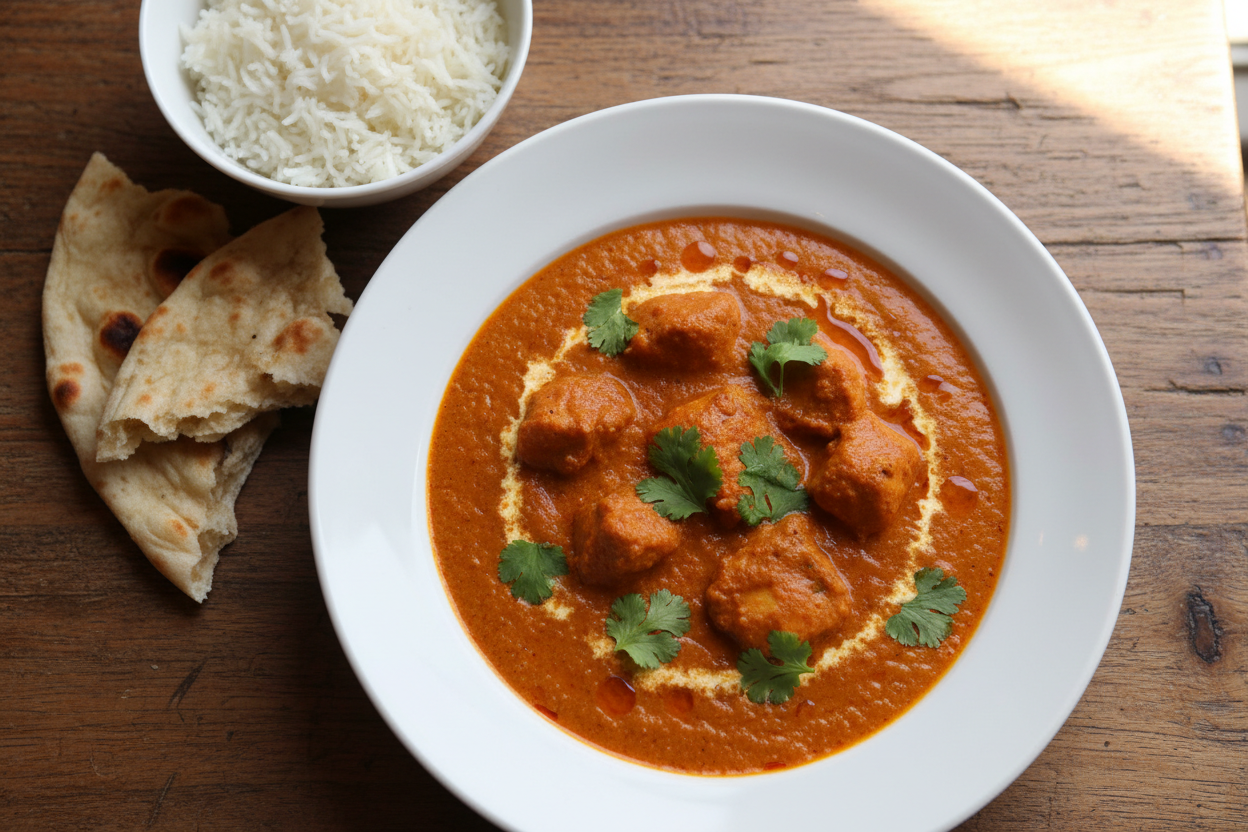 Butter Chicken in white plate on brown table as background 