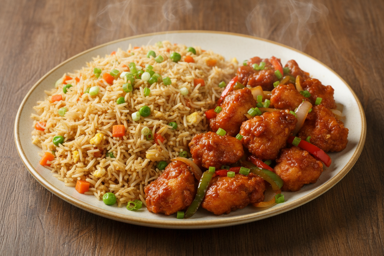 Chill Chicken and Fried rice combo to add as restaurant menu image, both in same plate with brown background