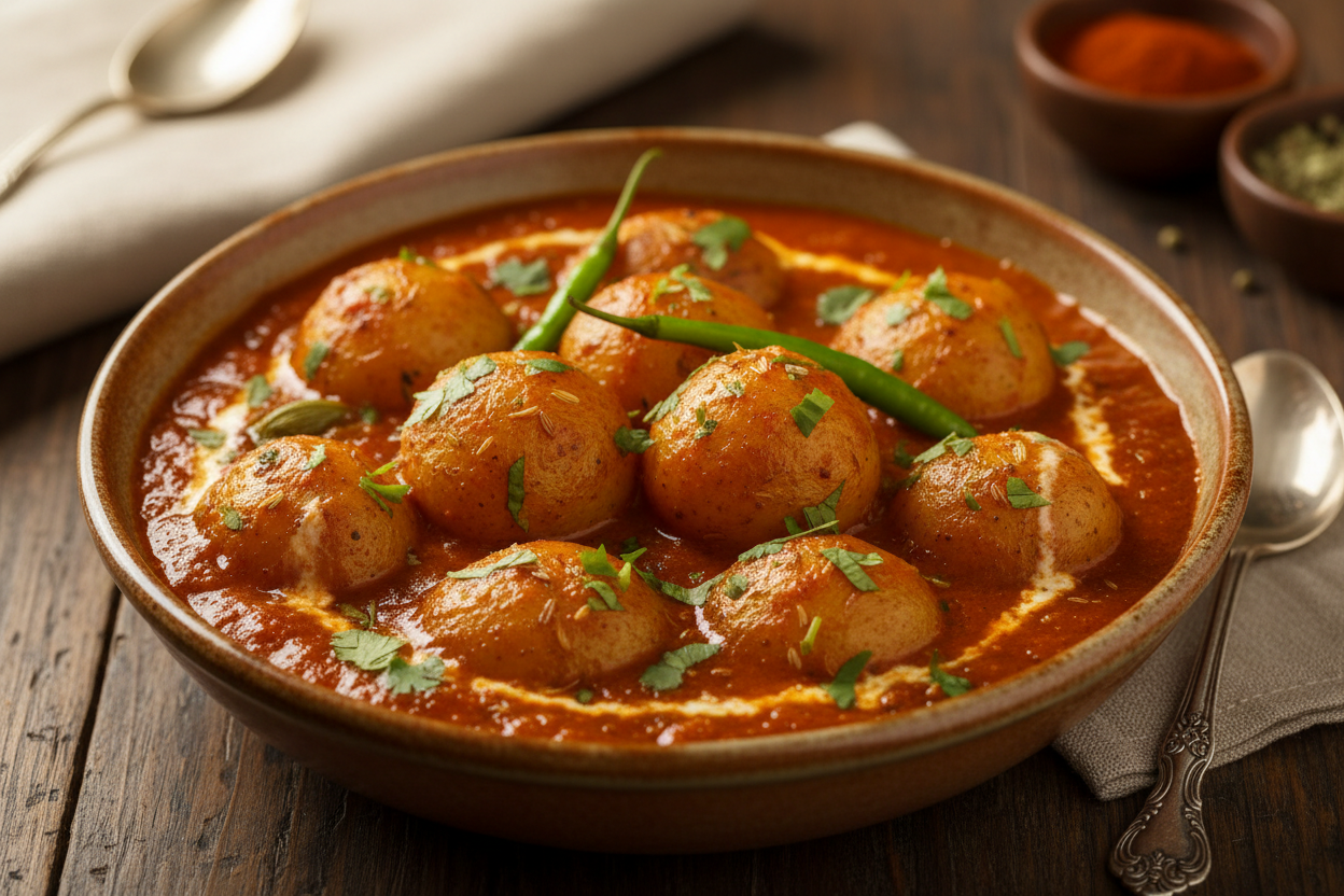 Dum Aloo, Baby potatoes simmered in spiced tomato-yogurt gravy.
