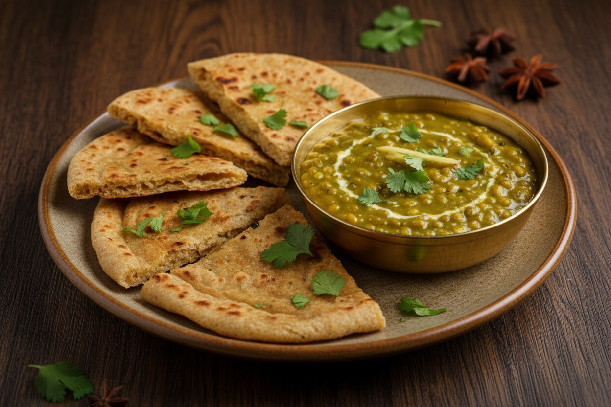 looks good, however add a combo menu having roti and green mung beans dal on same plate with brown background, 