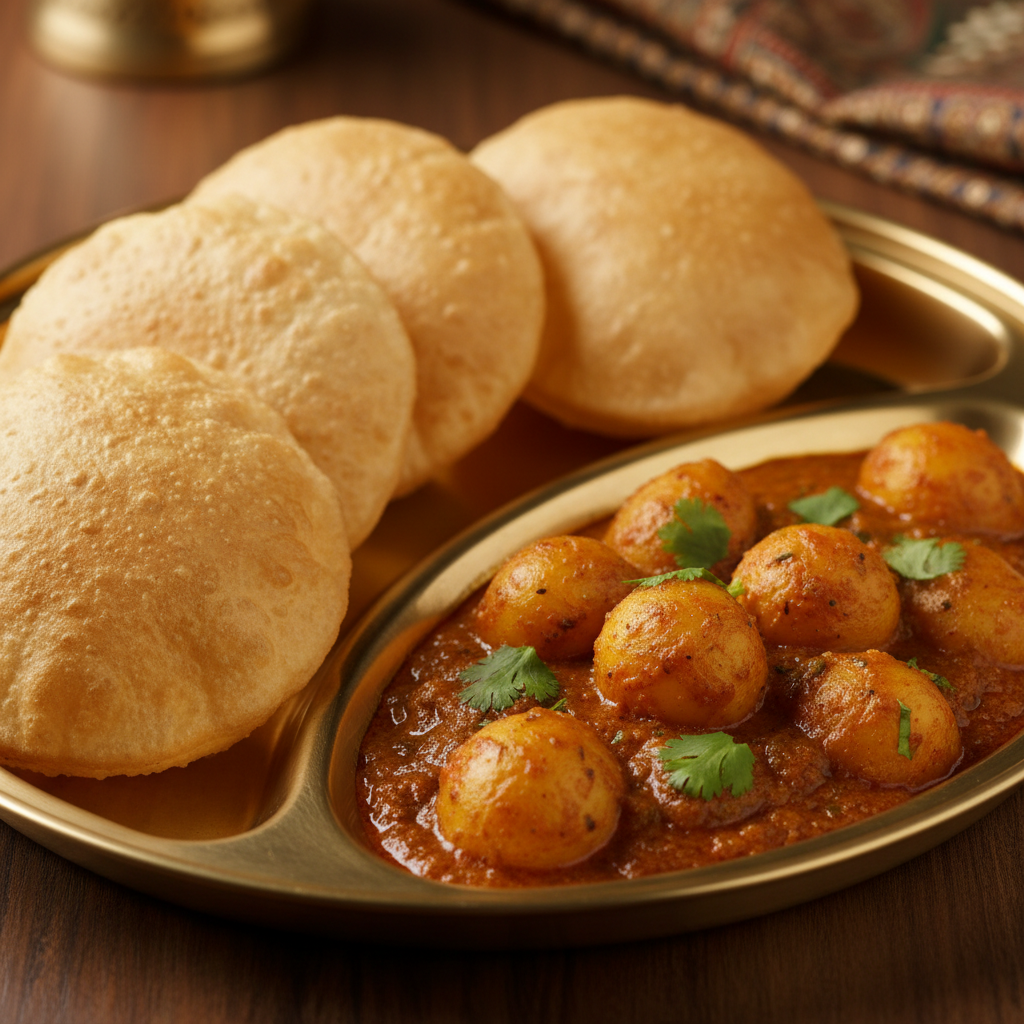 Poori and Dum Aloo is a classic Indian vegetarian combo that pairs fluffy, deep-fried bread with tender spiced potatoes.